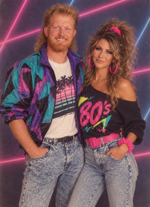 Mitch and Taylor in a playful 1980s-inspired portrait